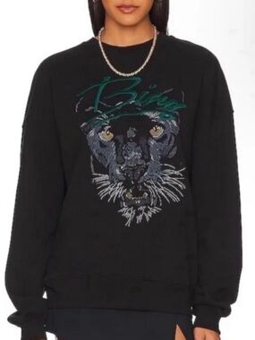 Anine Bing Black Graphic Panther Crew Sweatshirt with Teal Script